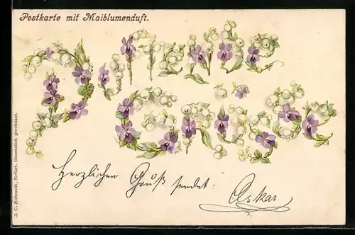 Duft-AK Grusskarte mit Maiblumenduft, Maiglöckchen und Krokos