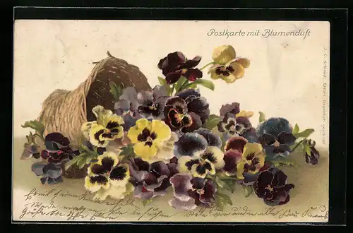 Duft-AK Weidenkorb mit Stiefmütterchen, mit Blumenduft