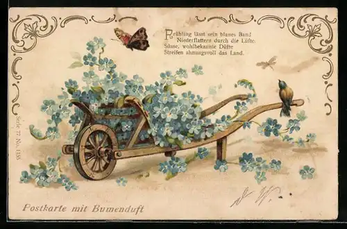 Duft-AK Mit Blumenduft, Frühling lässt sein blaues Band..., Schubkarre voller Vergissmeinnicht