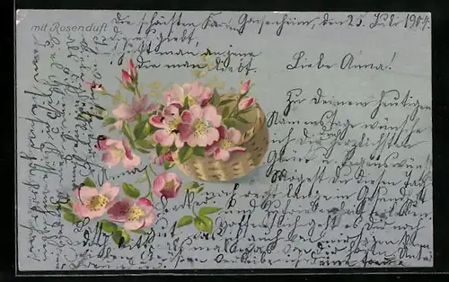 Duft-AK Weidenkörbchen mit zarten Blüten, mit Rosenduft