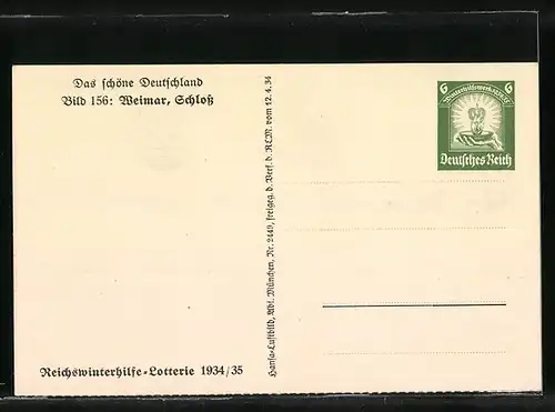 AK Das schöne Deutschland, Bild 156: Weimar, Schloss, Luftbild, Ganzsache WHW Winterhilfswerk