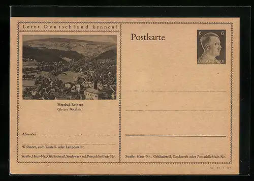 AK Bad Reinerz, Ortsansicht mit Umgebung, Ganzsache Lernt Deutschland kennen