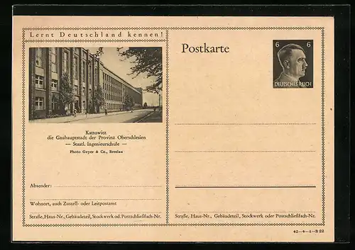 AK Kattowitz, Staatliche Ingenieurschule, Ganzsache Lernt Deutschland kennen