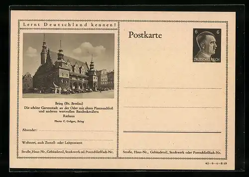 AK Brieg, Rathaus, Ganzsache Lernt Deutschland kennen