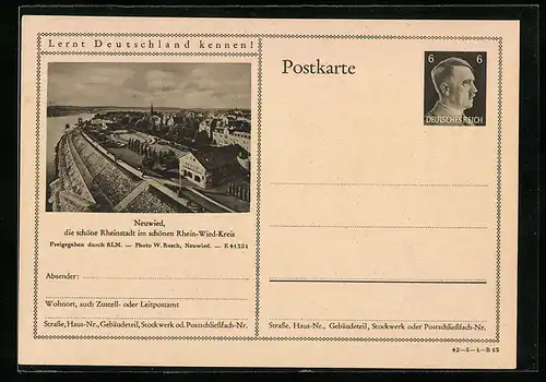 AK Neuwied, Ortspartie mit Fluss aus der Vogelschau, Ganzsache Lernt Deutschland kennen