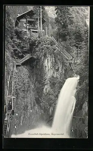 AK Kaprun, Kesselfall-Alpenhaus im Kaprunertal mit Wasserfall