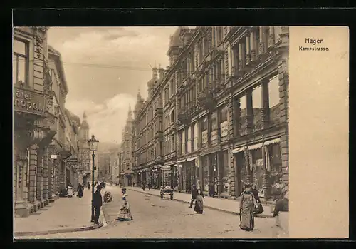 AK Hagen / Westf., Kampstrasse mit Blumenhalle, Geschäften und Passanten