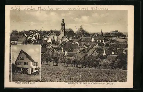 AK Strümpfelbrunn i. Odenwald, Handlung von Peter Siefert Sohn, Totalansicht mit Kirche