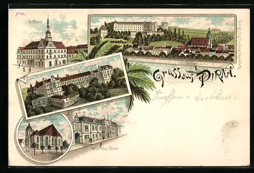 Lithographie Pirna, Heilanstalt Sonnenstein, Rathhaus und Kaiserliches Postamt