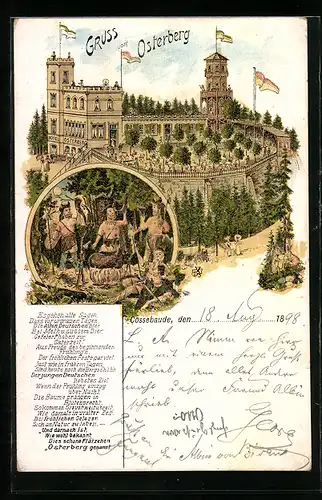 Lithographie Cossebaude, Gruss vom Osterberg, Die alten Deutschen trinken Bier aus Hörnern