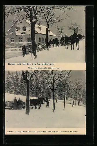 AK Gerlas bei Geroldsgrün, Winterlandschaft mit Pferdeschlitten und Gebäudeansicht