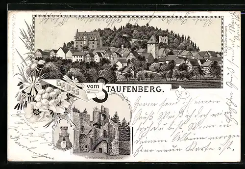 Lithographie Staufenberg / Lollar, Aussichtsturm in der Ruine, Gesamtansicht, Wappen