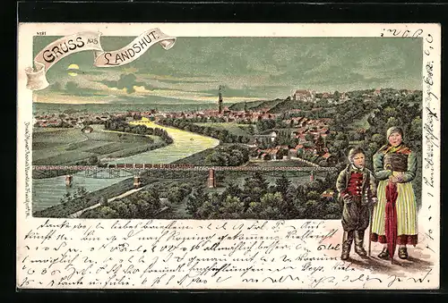 Lithographie Landshut / Isar, Gesamtansicht mit Eisenbahnbrücke, Landshuterin mit Knabe