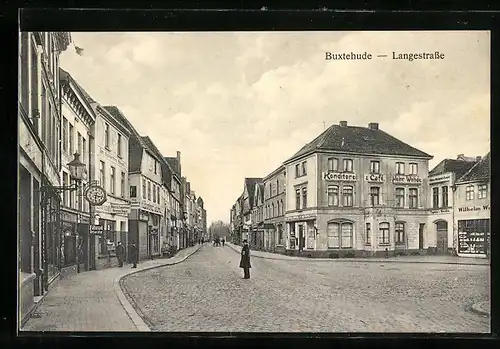 AK Buxtehude, Langestrasse mit Konditorei-Cafe H. Wehde und Geschäften
