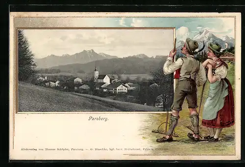 Passepartout-Lithographie Parsberg / Miesbach, Gesamtansicht mit Bergpanorama, Trachtenpaar beim Heuen