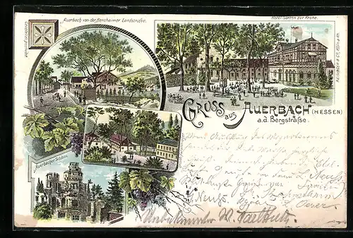 Lithographie Auerbach a. . Bergstrasse /Hessen, Hôtel-Garten zur Krone, Schloss, Ansicht von der Bensheimer Landstrasse