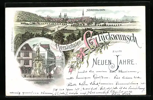 Lithographie Nordhausen, Lutherbrunnen mit Strasse, Gesamtansicht mit Umgebung