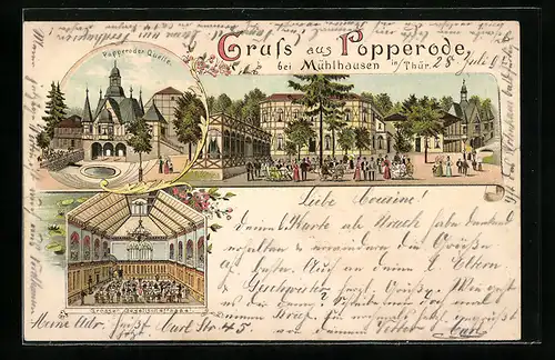 Lithographie Popperode, Gasthaus mit Gartenlokal, Grosser Gesellschaftssaal, Aussen- u. Innenansicht, Quelle