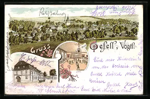 Lithographie Gefell i. V., Gasthof zum grünen Baum mit Saal, Gesamtansicht