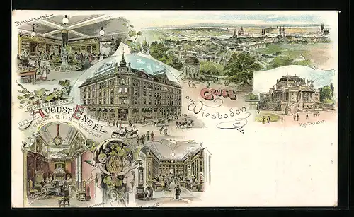 Lithographie Wiesbaden, Geschäftshäuser August Engel, Taunusstrasse, mit Innenansichten, Kgl. Theater, Ortsansicht