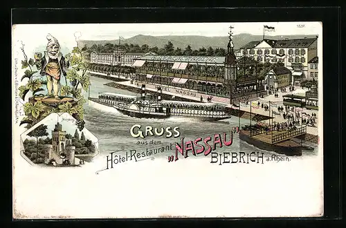 Lithographie Biebrich /Rh., Hotel-Restaurant Nassau mit Rheindampfer, Moosburg, Zwerg mit Weinglas