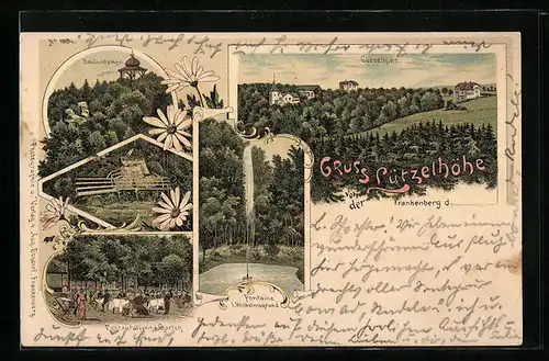 Lithographie Frankenberg /Sa., Gasthaus Lützelhöhe, Gesamtansicht, Garten, Emilientempel