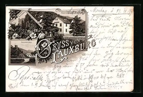 Lithographie Lorch /Rh., Gasthof Lauxburg, Lauxburg, Rheinburg