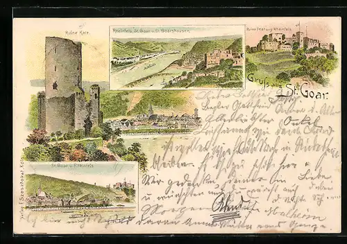 Lithographie St. Goar, Ruine Festung Rheinfels, Ruine Katz, Teilansicht mit Rheinfels