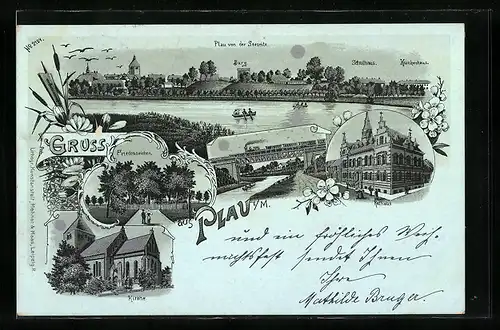 Mondschein-Lithographie Plau i. M., Friedenseichen, Eisenbahnbrücke, Ortsansicht von der Seeseite