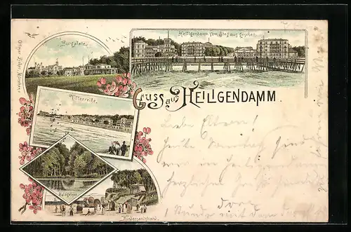 Lithographie Heiligendamm, Kindersandstrand, Burgplatz, Ortsansicht vom Steg aus