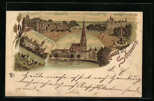 Lithographie Schwerin / Mecklenburg, Dom, Ortspartie mit Theater und Schloss, Seerosen