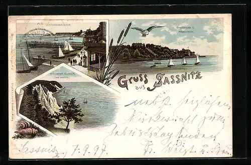 Lithographie Sassnitz, Wissower Klinken, Landungsbrücken, Damenbad und Promenade