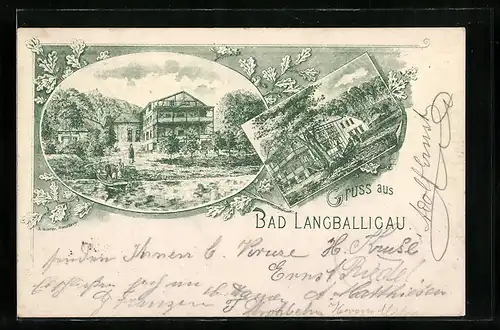 Lithographie Bad Langballigau, Ortsansicht mit Bootspartie, Eichenlaub