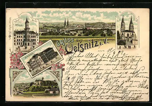 Lithographie Oelsnitz / Vogtland, Voigtsberg, Rathaus, Kirche und Gesamtansicht