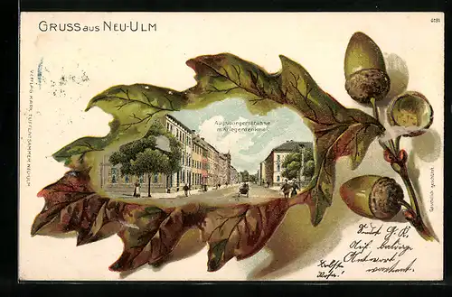 Passepartout-Lithographie Neu-Ulm, Augsburgerstrasse mit Kriegerdenkmal