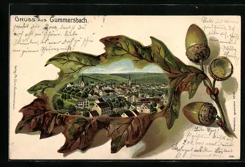 Passepartout-Lithographie Gummersbach, Ortsansicht im Eichenblatt