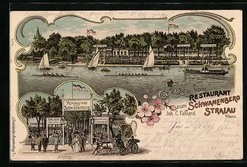 Lithographie Stralau b. Berlin, Restaurant zum Schwanenberg, Bes. C. Fahland, Eingang, Flusspartie