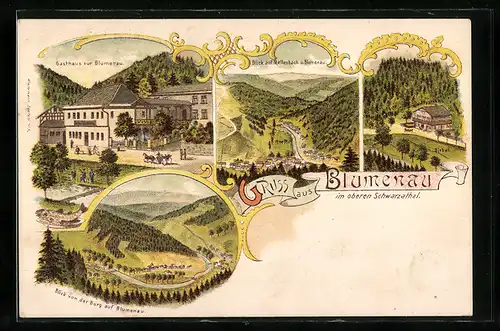 Lithographie Blumenau /Schwarzathal, Gasthaus zur Blumenau, Blick auf Mellenbach, Blick von der Burg