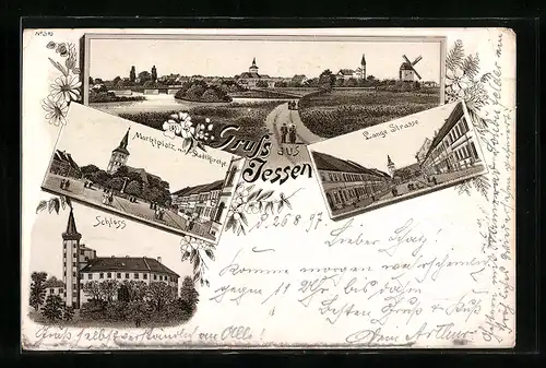 Lithographie Jessen / Elster, Lange Strasse, Marktplatz mit Stadtkirche und Schloss