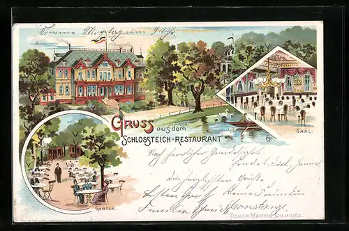 Lithographie Chemnitz, Gruss aus dem Schlossteich-Restaurant, Garten und Saal