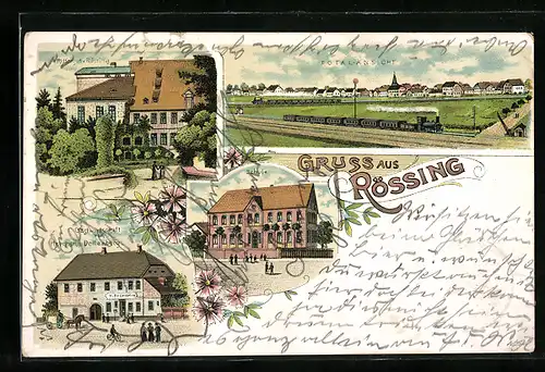 Lithographie Rössing, Gastwirtschaft v. Hermann Dollenberg, Rittergut und Schule