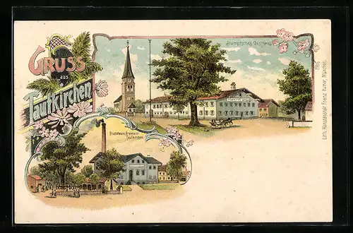 Lithographie Taufkirchen, Stumpfsches Gasthaus, Branntwein Brennerei