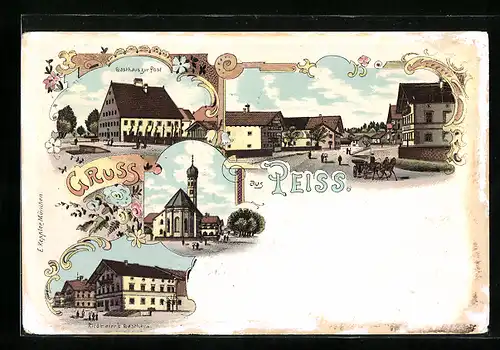 Lithographie Peiss, Gasthaus zur Post, Riedmaier`s Gasthaus und Kirche