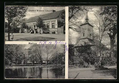 AK Mahlow, Gasthof Wilhelm Langner, Dorfaue und Kirche