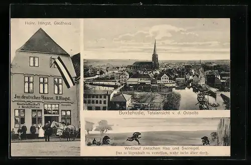 AK Buxtehude, Gasthaus von Heinr. Hingst, Totalansicht von der Ostseite, Wettlauf zwischen Has und Swinegel
