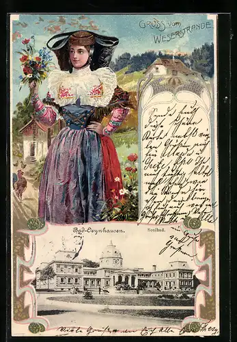 Passepartout-Lithographie Bad Oeynhausen, Soolbad, Gruss vom Weserstrande, Frau in Tracht