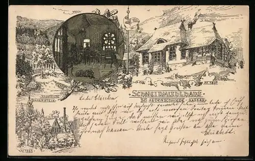 Lithographie Audenschmiede-Nassau, Gasthaus Schneidmuehlhaus, Kaisereiche, Dianenstein