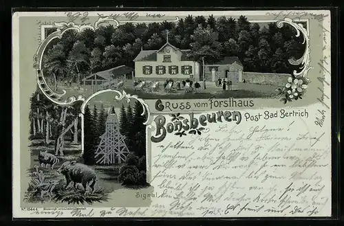 Lithographie Bonsbeuren / Bad Bertrich, Forsthaus, Signal mit Wildschweinen