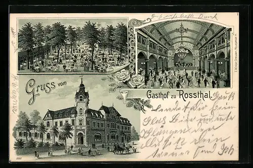 Lithographie Dresden-Rossthal, Gasthaus zu Rossthal, Innen-und Aussenansicht