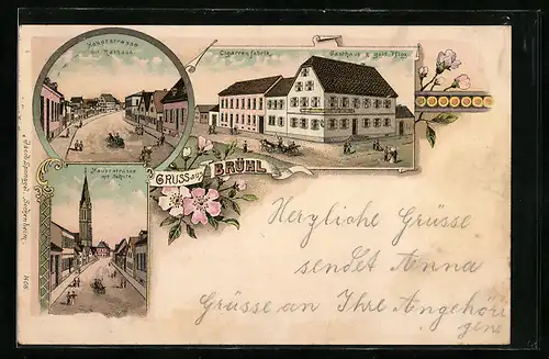 Lithographie Brühl / Baden, Gasthaus z. goldenen Pflug, Hauptstrasse mit Rathaus, Cigarrenfabrik